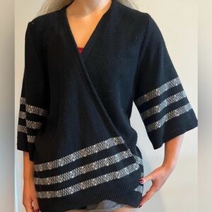 Theory Graciela Open Front Wrap Sweater in Black  White Pattern Cardigan L NWT